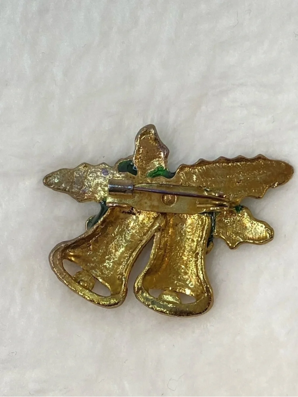 Holiday Bells Pin - Gold, Green & Red Festive Brooch